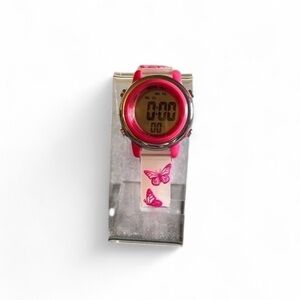 Kids Girls Pink & White Digital Sport Watch w/ Butterfly Floral Band & Backlight